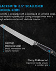 Blacksmith 8.5" scalloped slicing knife with text on a dark background
