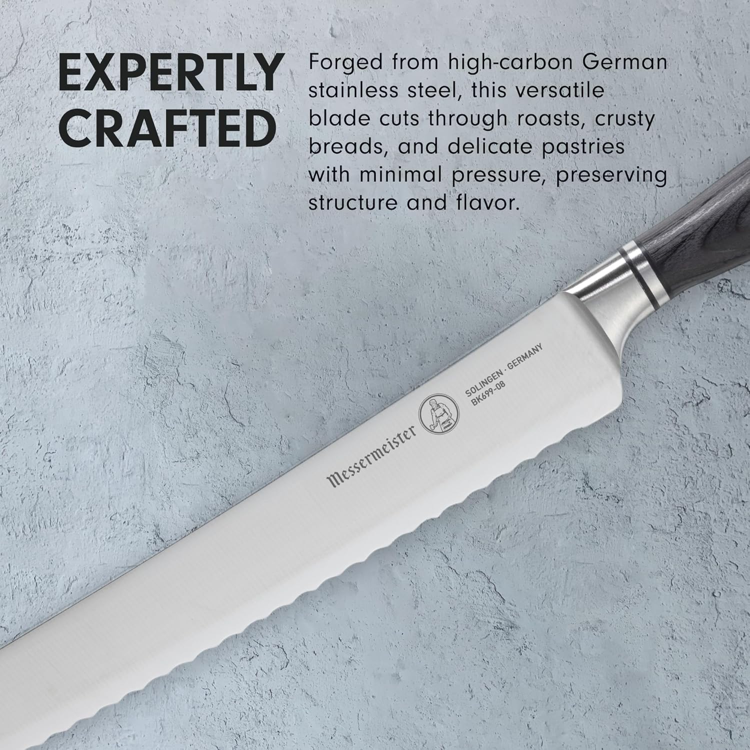 Knife with text about its craftsmanship and material on a gray background