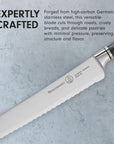 Knife with text about its craftsmanship and material on a gray background