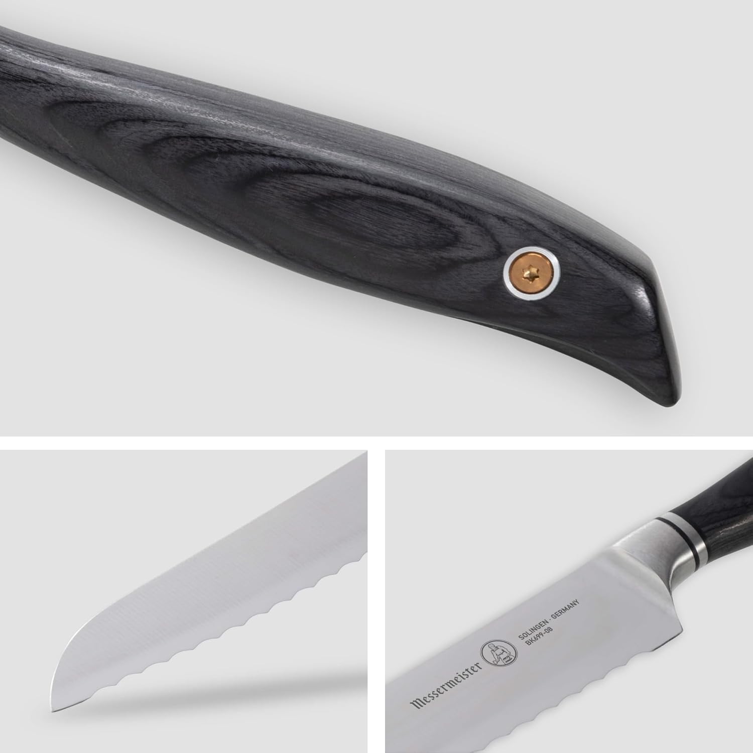 Collage of knife with black handle and blade on a white background
