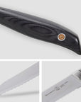 Collage of knife with black handle and blade on a white background