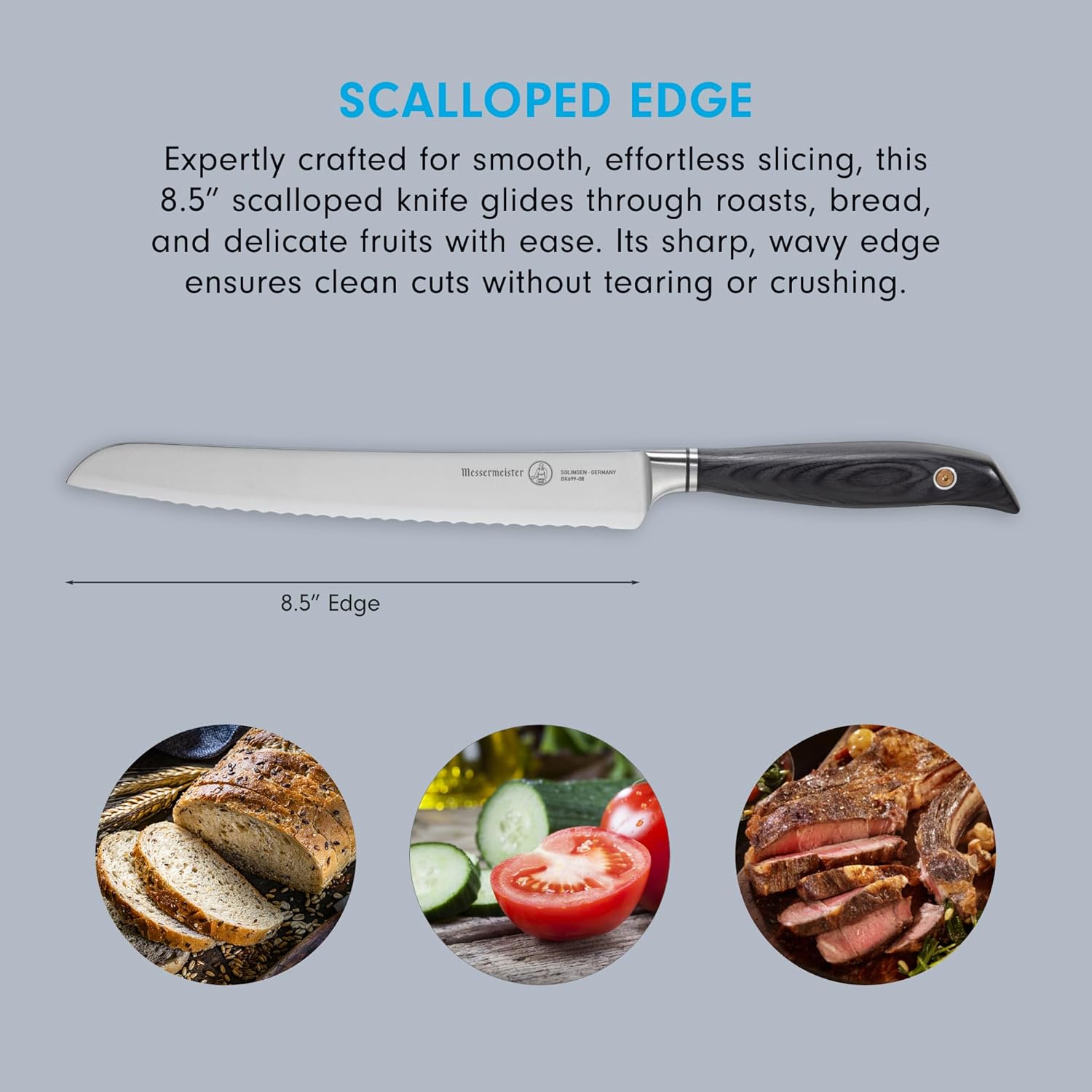 Serrated knife with scalloped edge with description on a gray background, surrounded by images of sliced bread, vegetables, and meat.