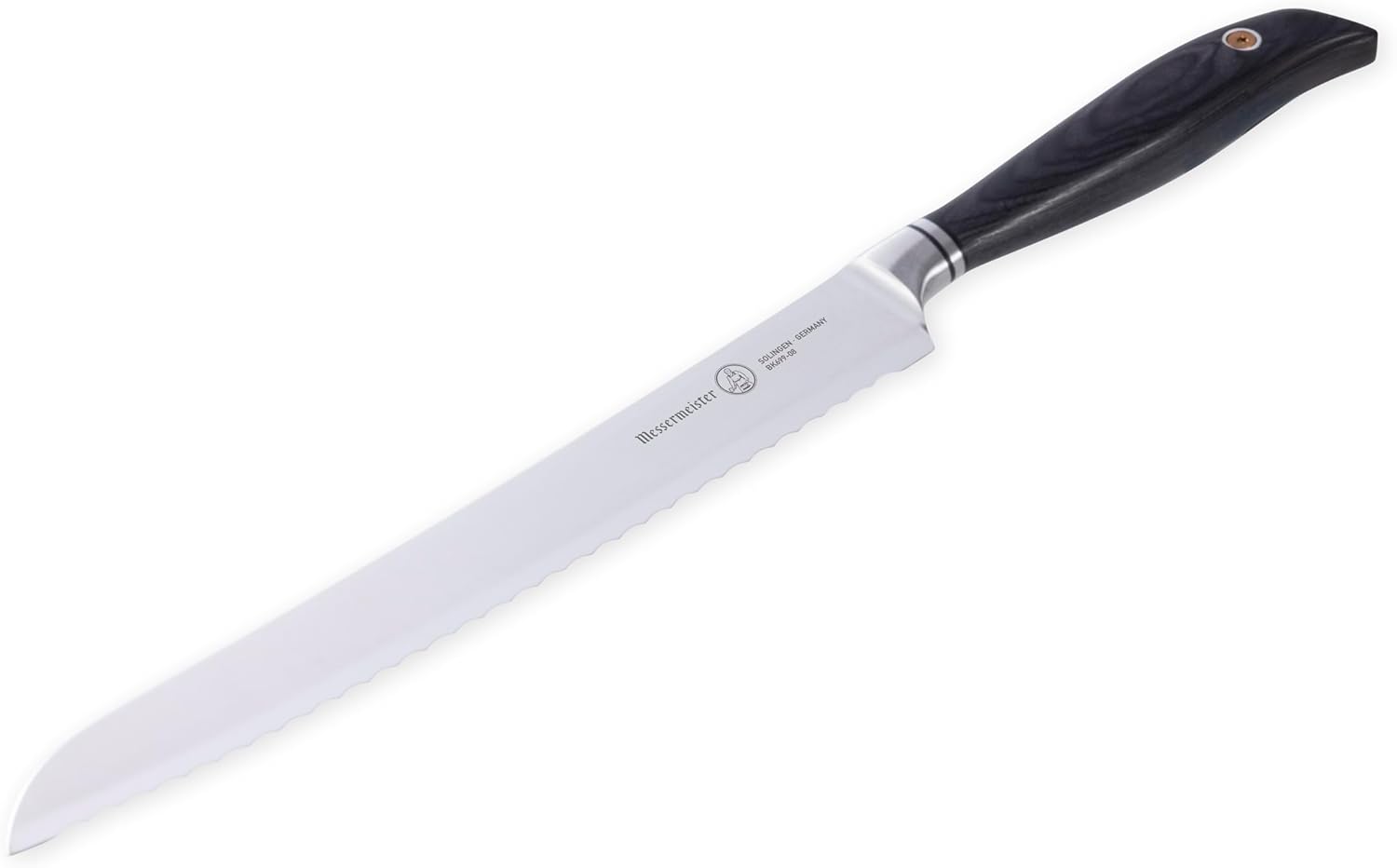 Bread knife with a black handle on a white background