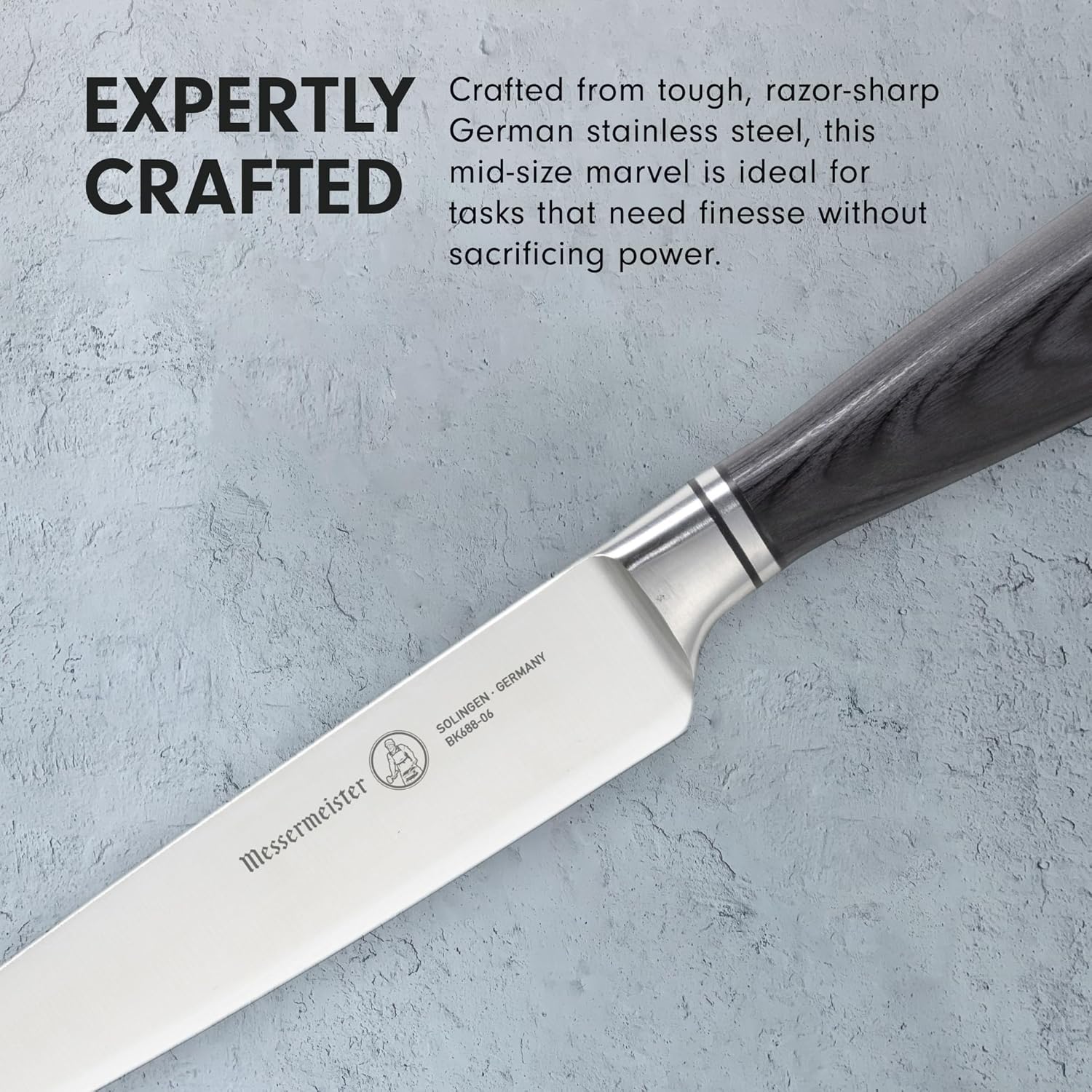 Knife with 'Messermeister' branding on a gray background with text