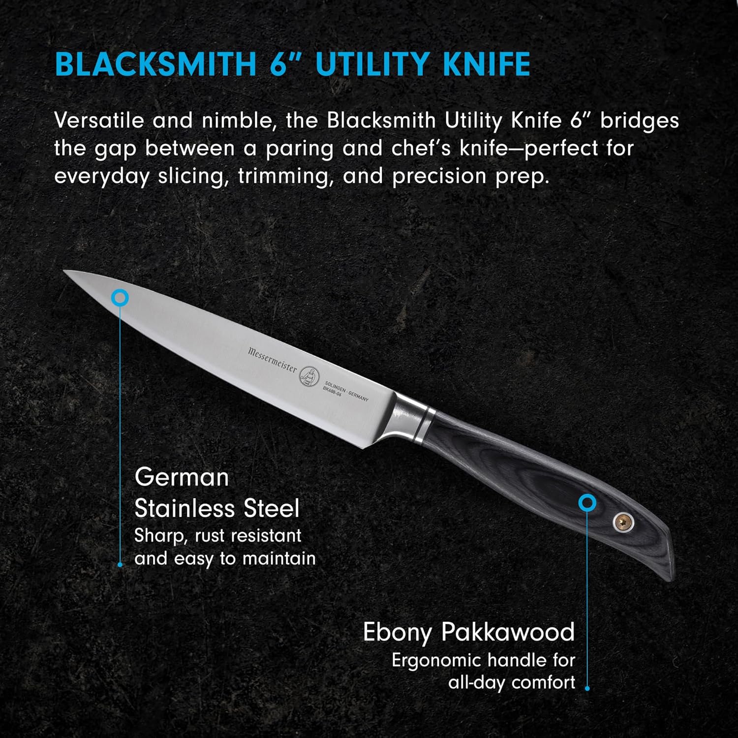 Blacksmith 6" Utility Knife with text on a dark background
