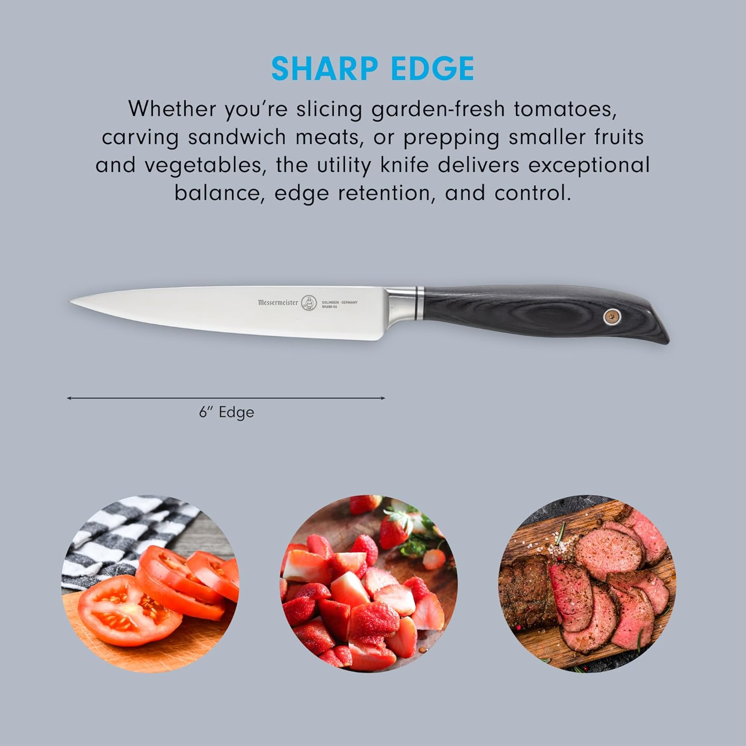 Utility knife with text about its capabilities on a gray background with images of food