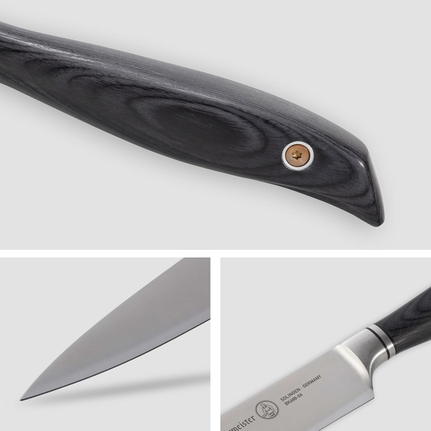 Collage of a knife with a black handle and silver blade on a white background