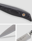 Collage of a knife with a black handle and silver blade on a white background