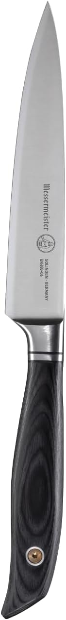 Knife with a black handle and silver blade on a white background