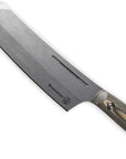 Chef's knife with a textured, wooden handle on a white background