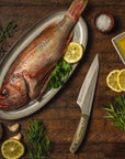 Raw fish on a plate with lemon slices, herbs, and a knife on a wooden surface