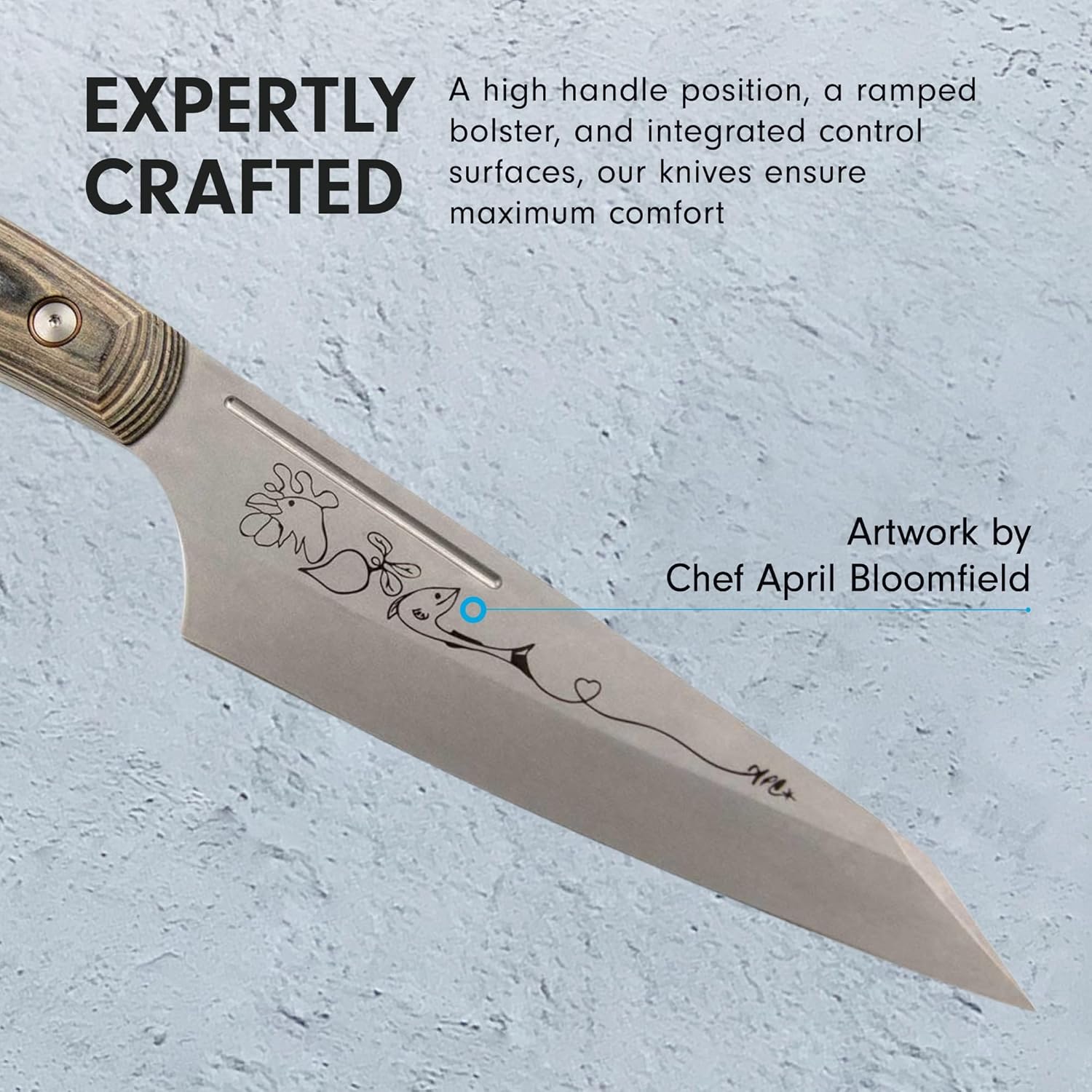Knife with engraved design on a textured gray background, featuring text about craftsmanship and artwork by Chef April Bloomfield.