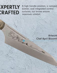 Knife with engraved design on a textured gray background, featuring text about craftsmanship and artwork by Chef April Bloomfield.