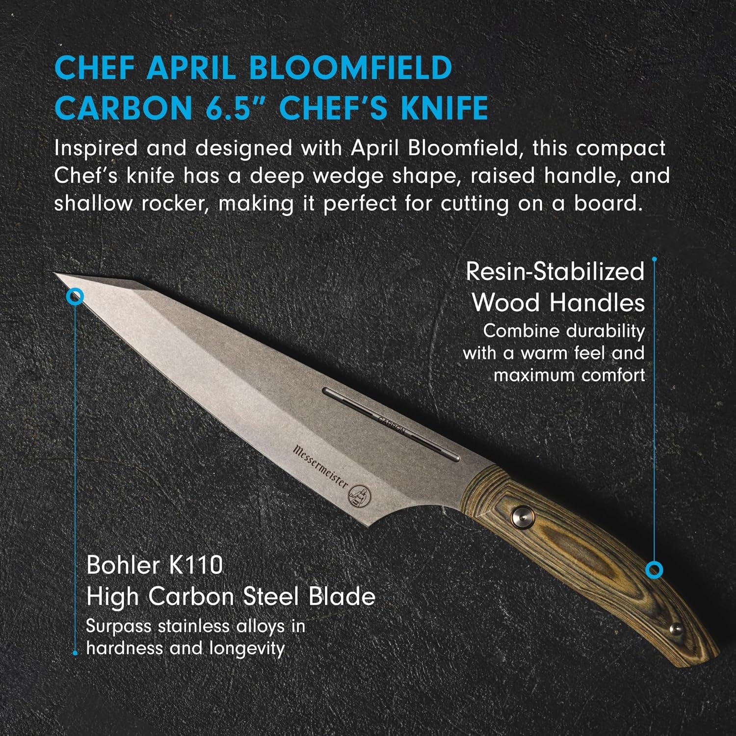 Chef's knife with text on a dark background