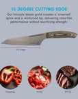 Knife with text about blade grind and uses accompanied by images of food on a gray background