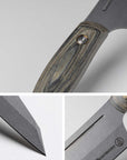 Collage of a knife with a wooden handle on a light gray background