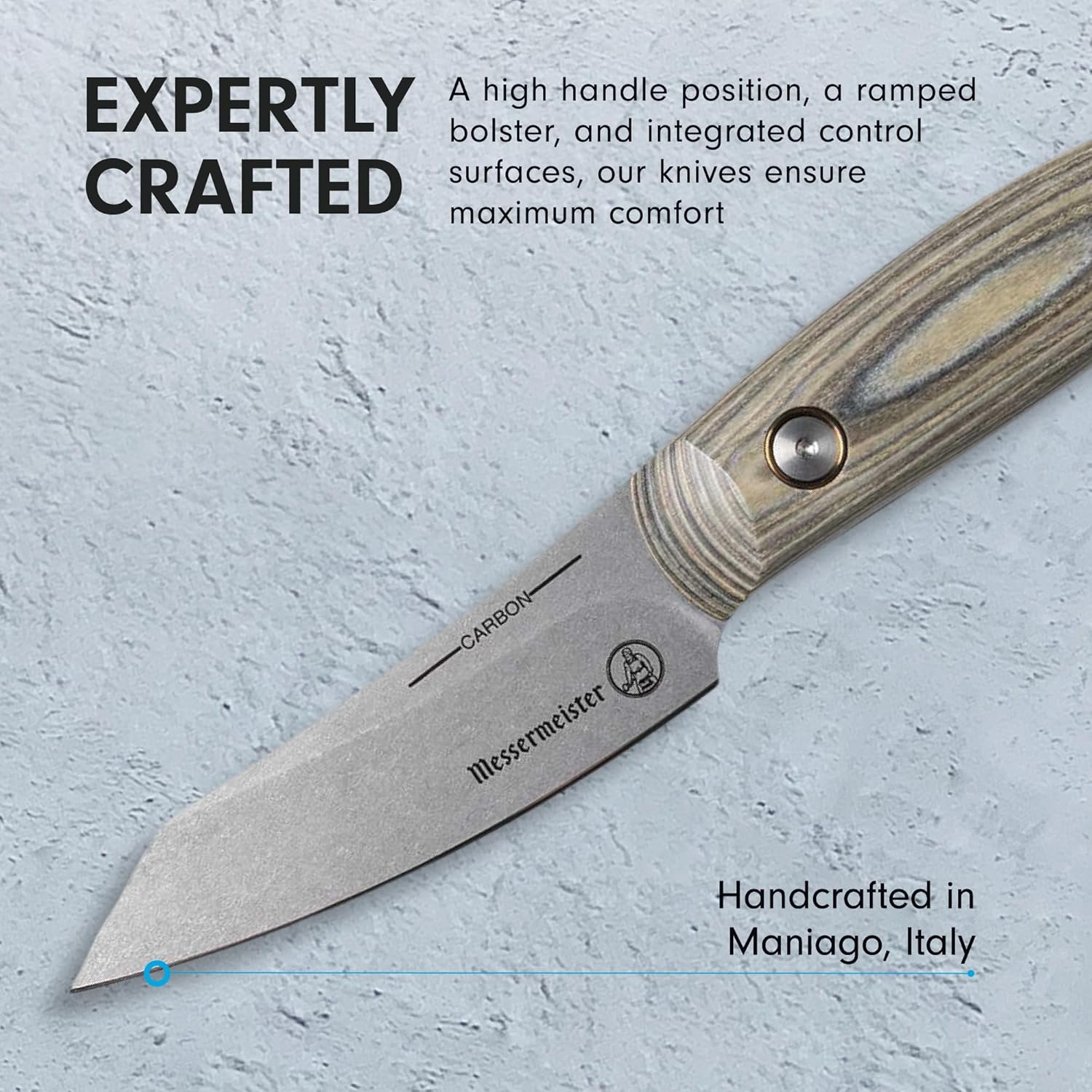 Knife with wooden handle and metal blade on a textured gray background, featuring Messermeister branding.