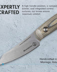 Knife with wooden handle and metal blade on a textured gray background, featuring Messermeister branding.