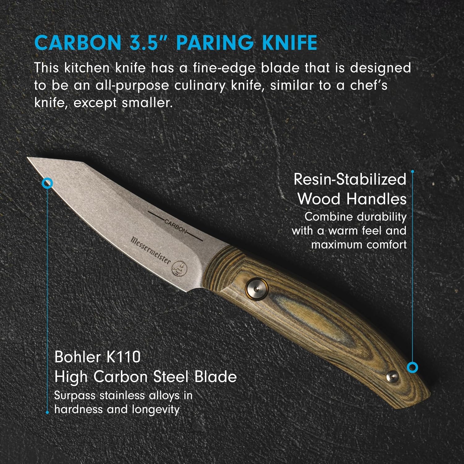 Carbon 3.5” paring knife with text on a dark background