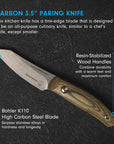 Carbon 3.5” paring knife with text on a dark background