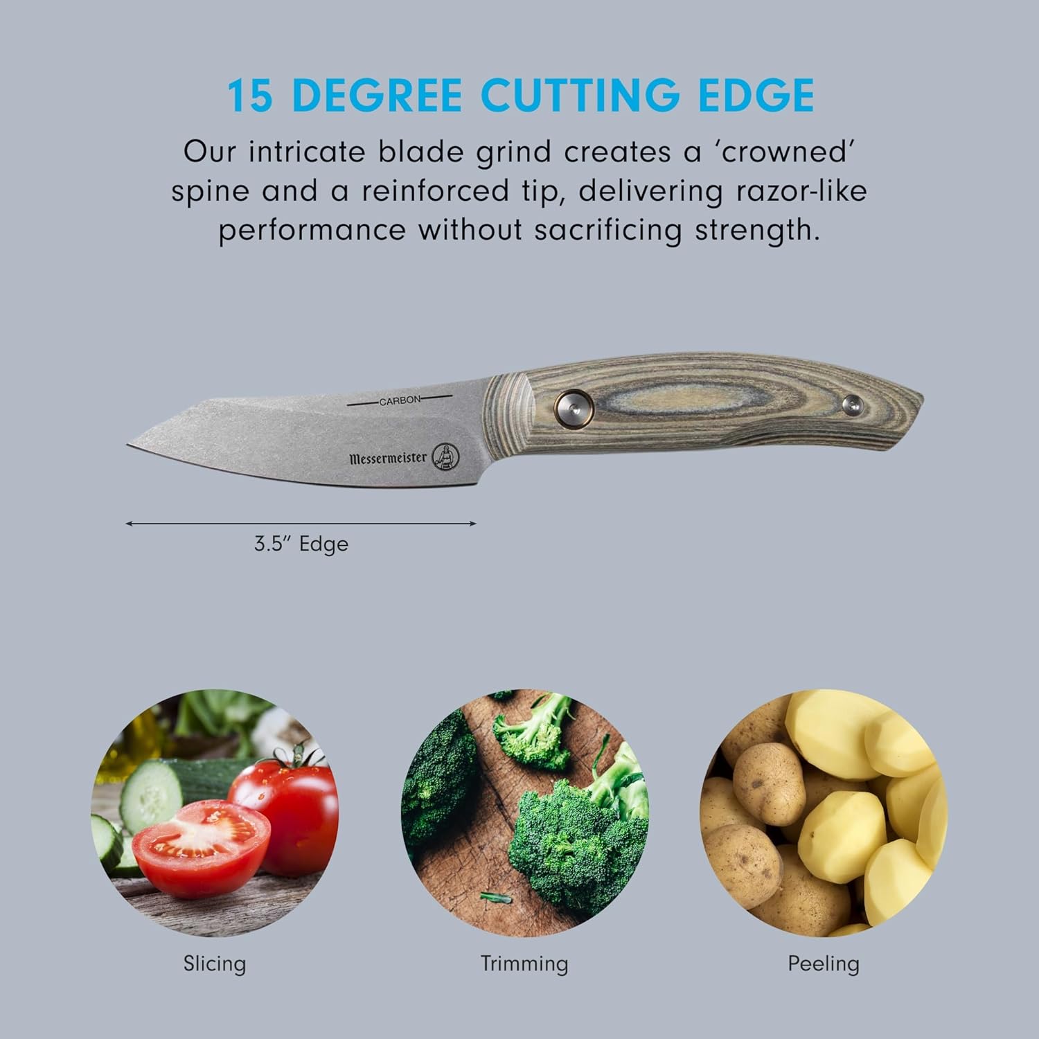 Knife with text about blade grind and uses, surrounded by images of vegetables with grey background
