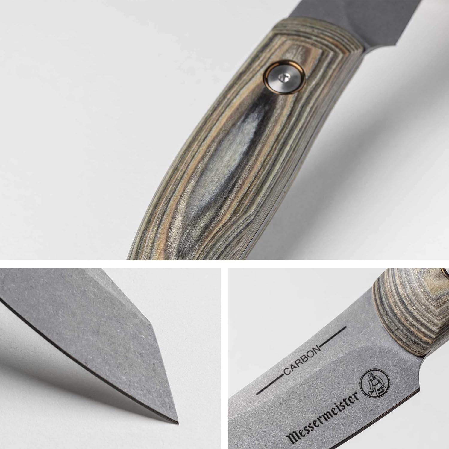 Collage of pictures of a knife with wooden handle and 'Messermeister' branding on a white background