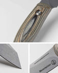 Collage of pictures of a knife with wooden handle and 'Messermeister' branding on a white background