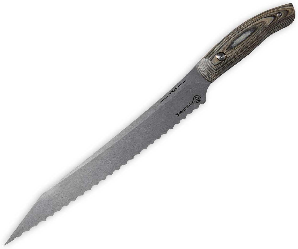 Knife with a serrated blade and wooden handle on a white background