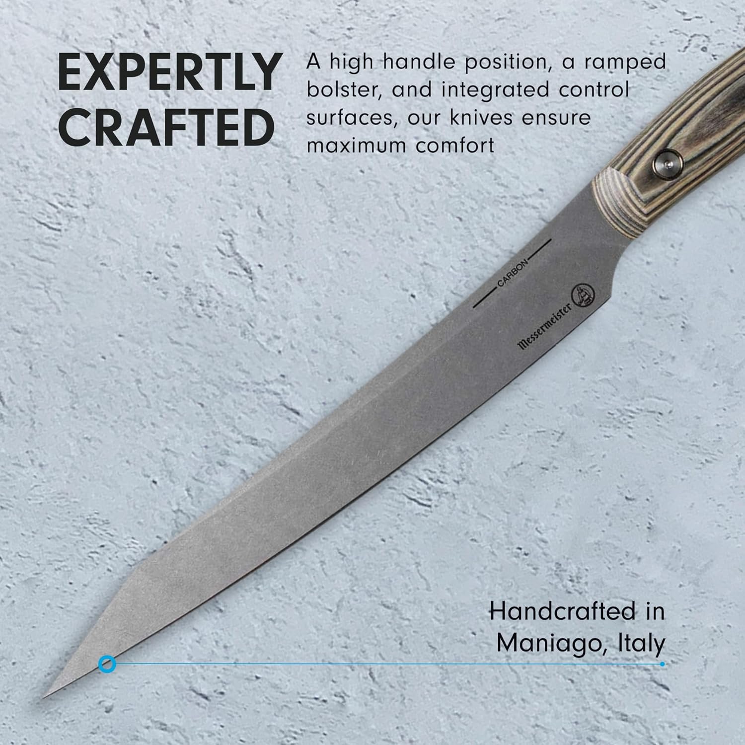 Knife with text about craftsmanship and origin on a light gray background