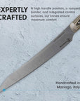 Knife with text about craftsmanship and origin on a light gray background