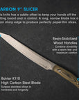 Carbon 9” Slicer knife with text on a dark background