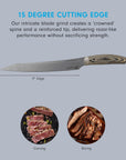 Knife with text about blade grind and uses accompanied with images of food on a gray background