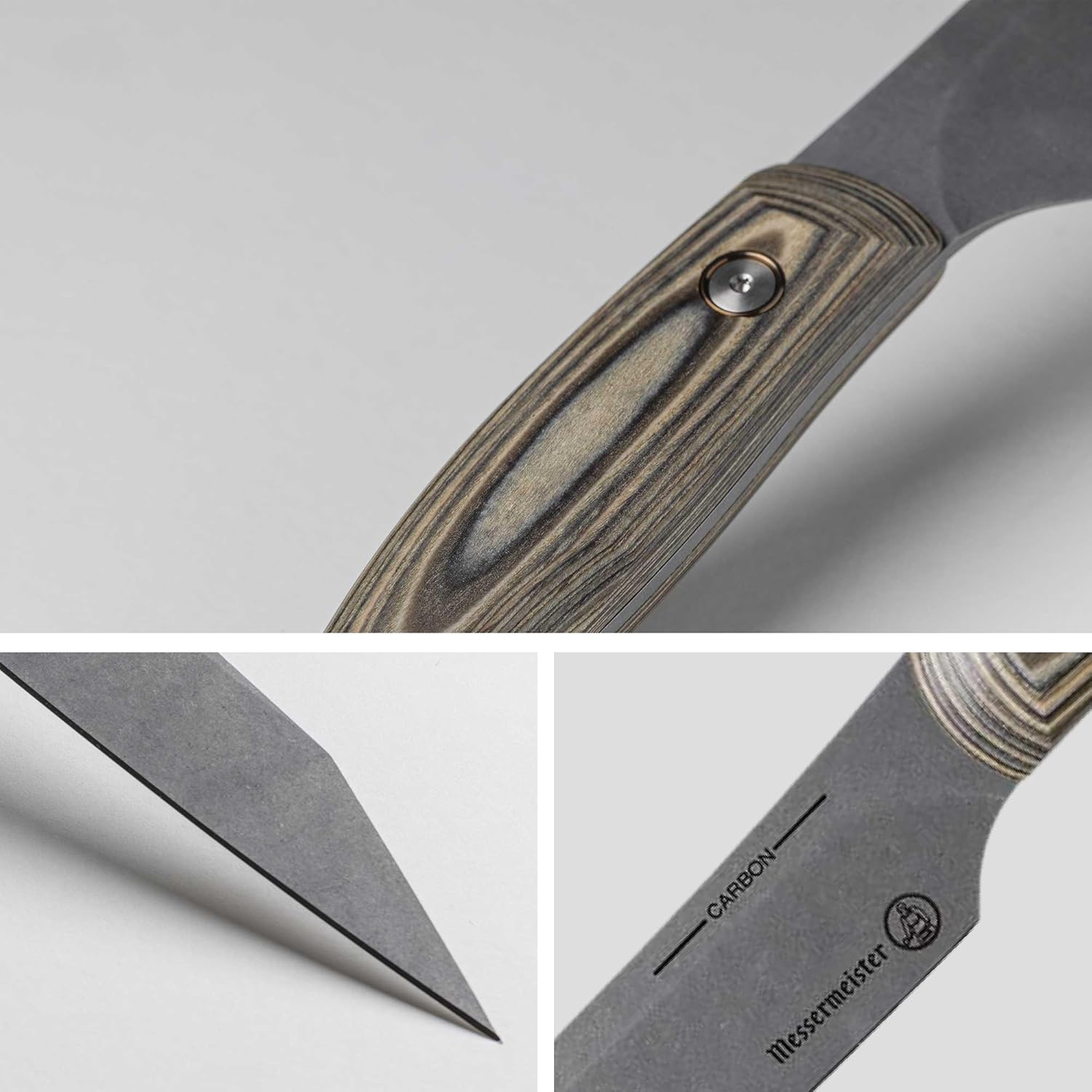 Collage of pictures of a close-up knife with a wooden handle and carbon blade on a light gray background.