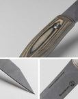 Collage of pictures of a close-up knife with a wooden handle and carbon blade on a light gray background.