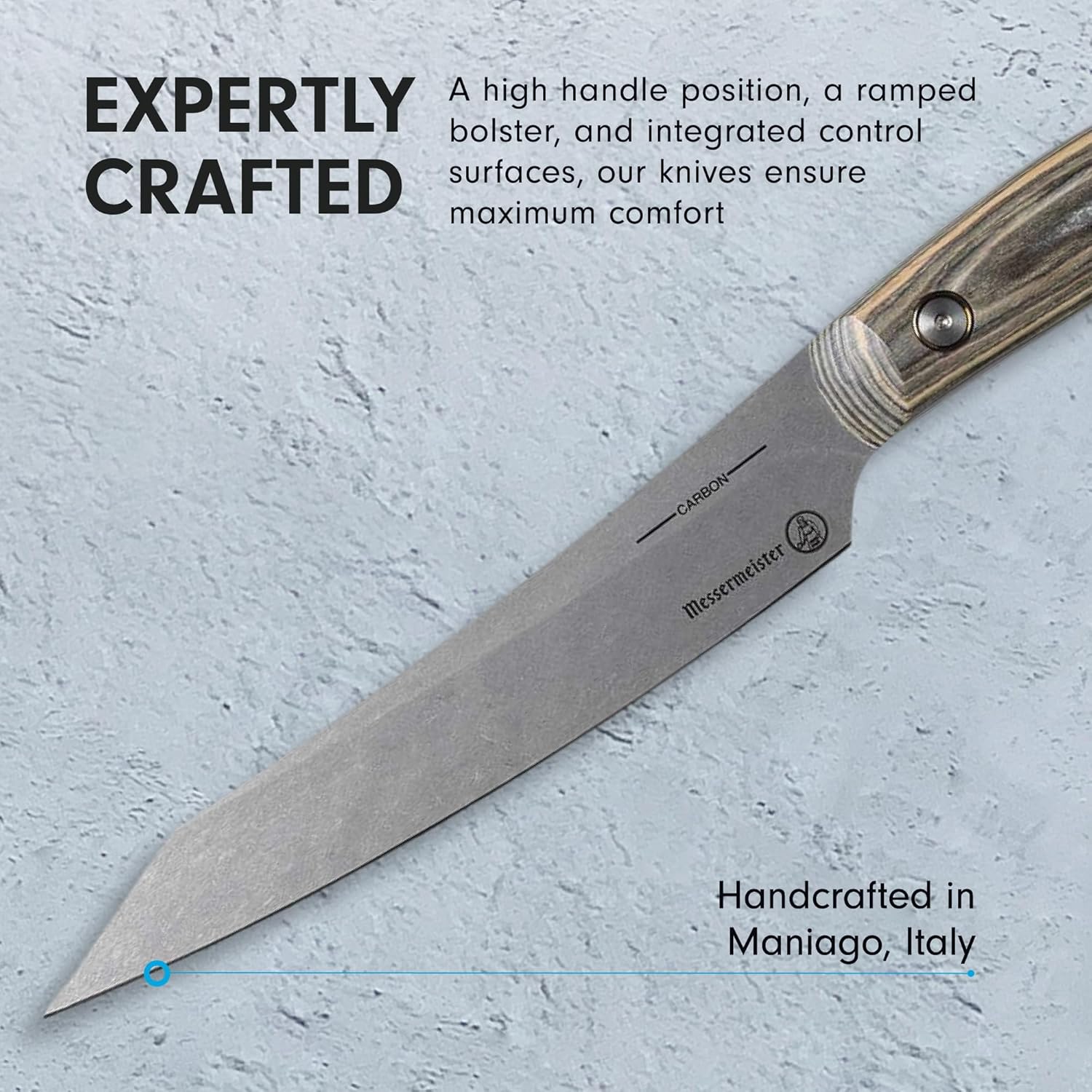 Knife with wooden handle on a textured gray background, text about craftsmanship and origin.