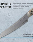 Knife with wooden handle on a textured gray background, text about craftsmanship and origin.