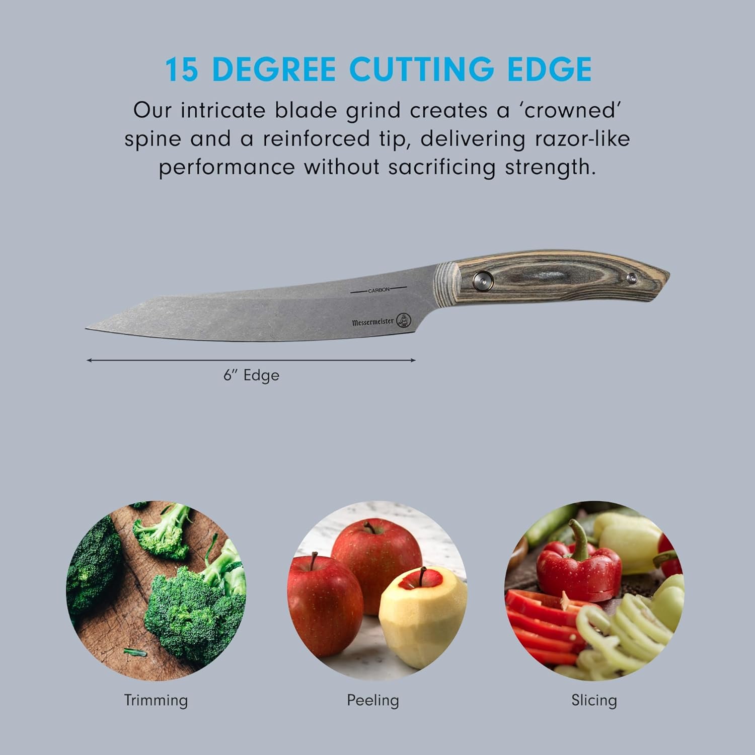 Knife with blade grind details and uses for trimming, peeling, and slicing vegetables accompanied with images of food on a gray background.