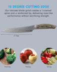 Knife with blade grind details and uses for trimming, peeling, and slicing vegetables accompanied with images of food on a gray background.
