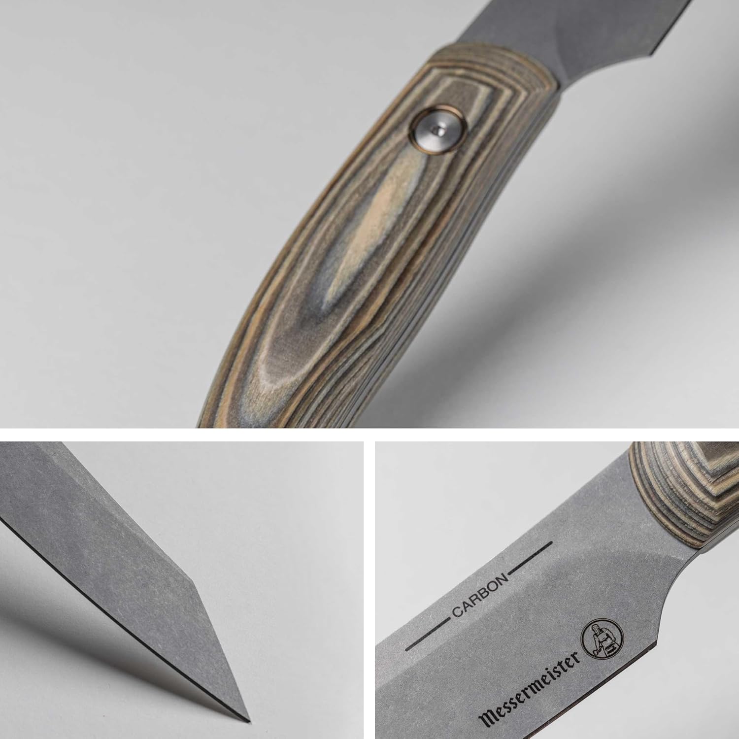 Collage of images of a knife with wooden handle and 'Messermeister' branding on a gray background