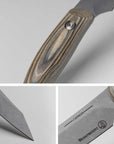 Collage of images of a knife with wooden handle and 'Messermeister' branding on a gray background