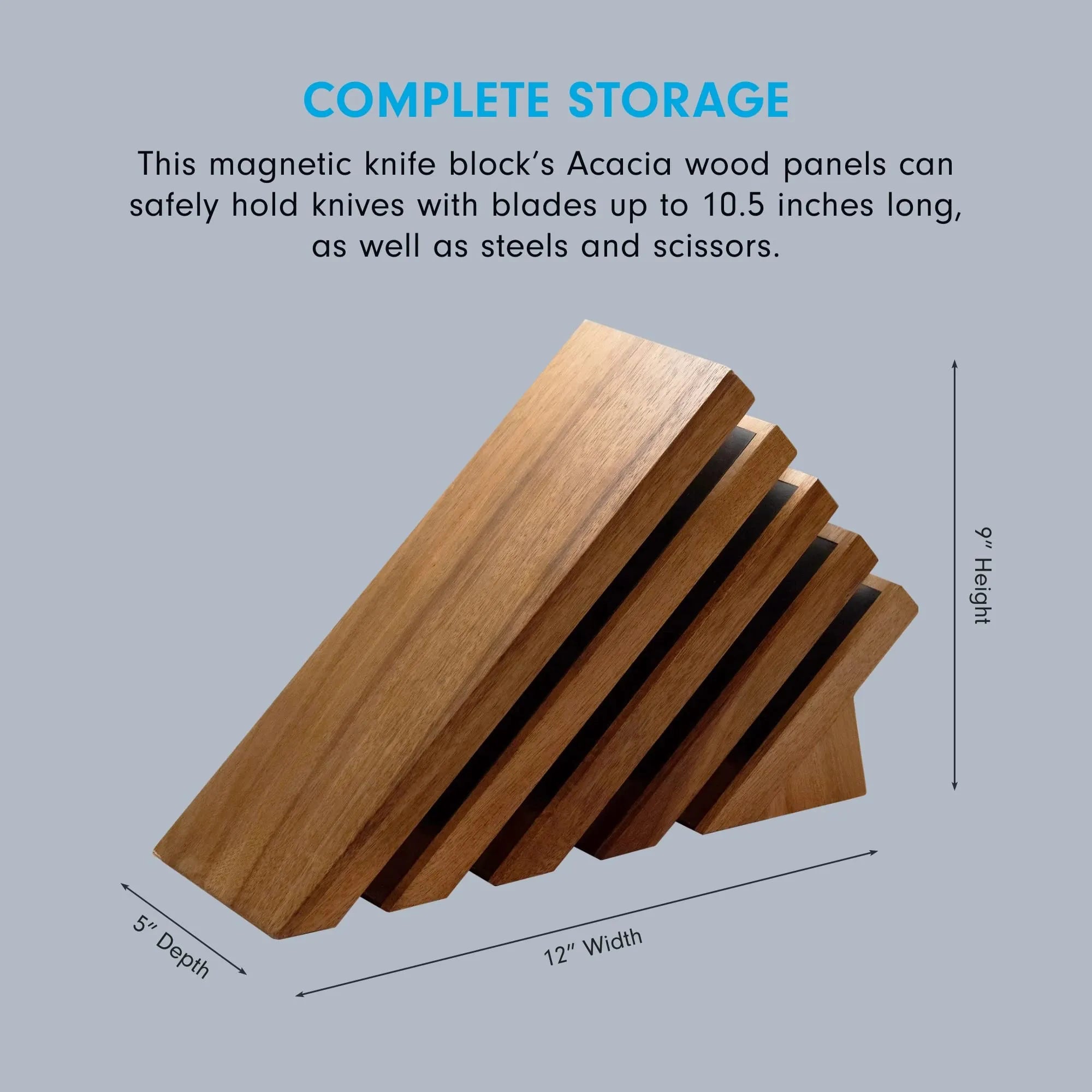 A magnetic knife block made of Acacia wood panels, shown with overlaid dimension labels indicating 12 inches wide, 9 inches high, and 5 inches deep, plus marketing text at the top on a light gray background.
