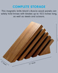 A magnetic knife block made of Acacia wood panels, shown with overlaid dimension labels indicating 12 inches wide, 9 inches high, and 5 inches deep, plus marketing text at the top on a light gray background.