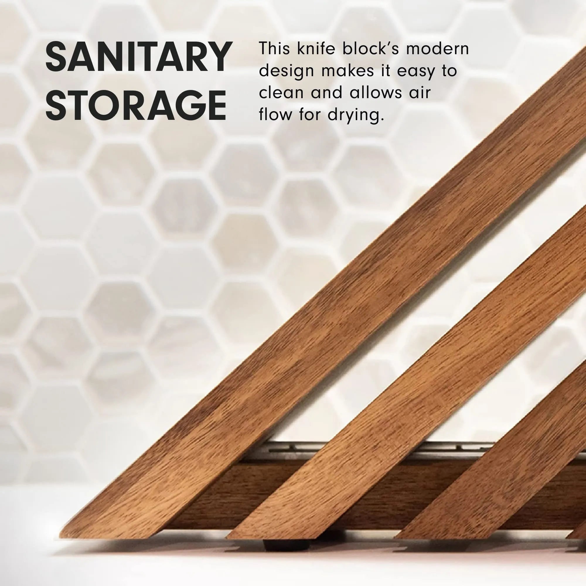 A close-up of a wooden kitchen knife block with diagonal slats and a base, shown against a light hexagonal tile background with the text 'SANITARY STORAGE' and a descriptive caption.