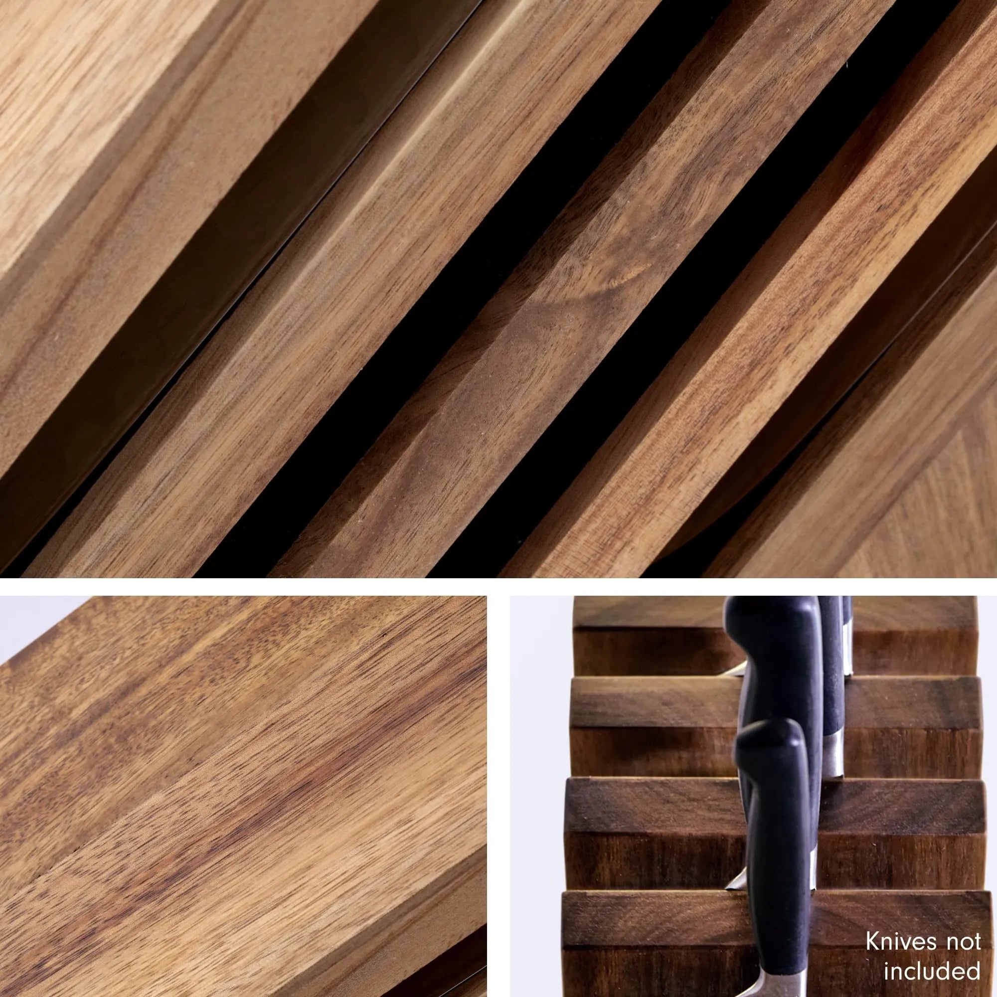 Wooden slats with a close-up of a knife handle on a wooden surface.