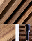 Wooden slats with a close-up of a knife handle on a wooden surface.