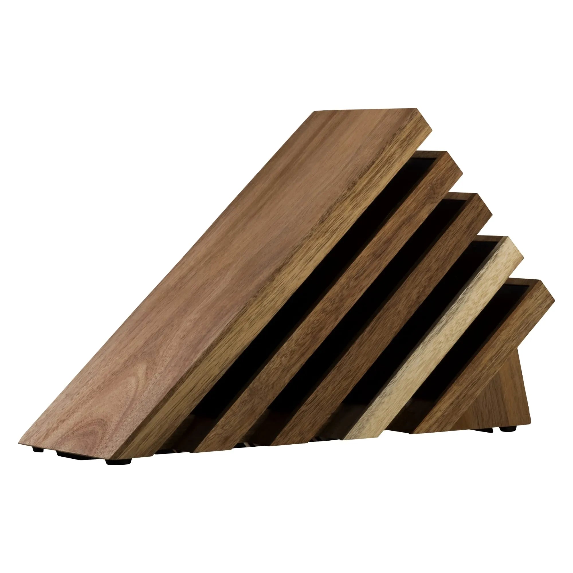A modern geometric wooden knife block made of multiple angled wood panels in different wood tones, arranged in a fan-like structure on a plain white background.