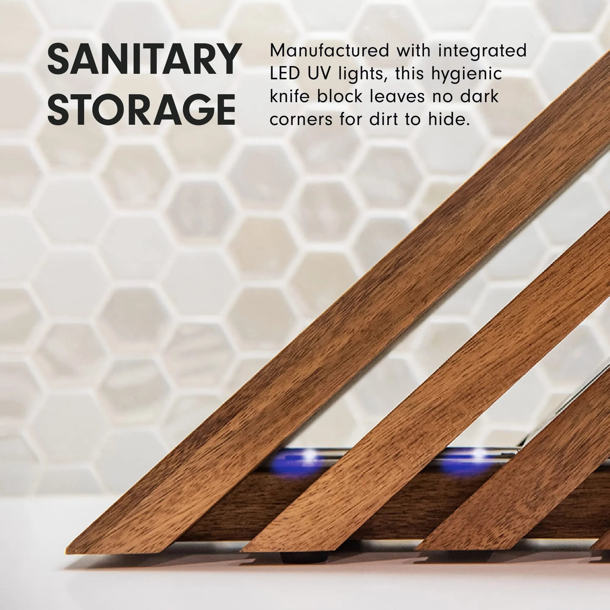 Wooden triangular sanitary storage knife block with integrated LED UV lighting, shown against a white hexagonal tile background with promotional text.