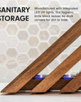 Wooden triangular sanitary storage knife block with integrated LED UV lighting, shown against a white hexagonal tile background with promotional text.