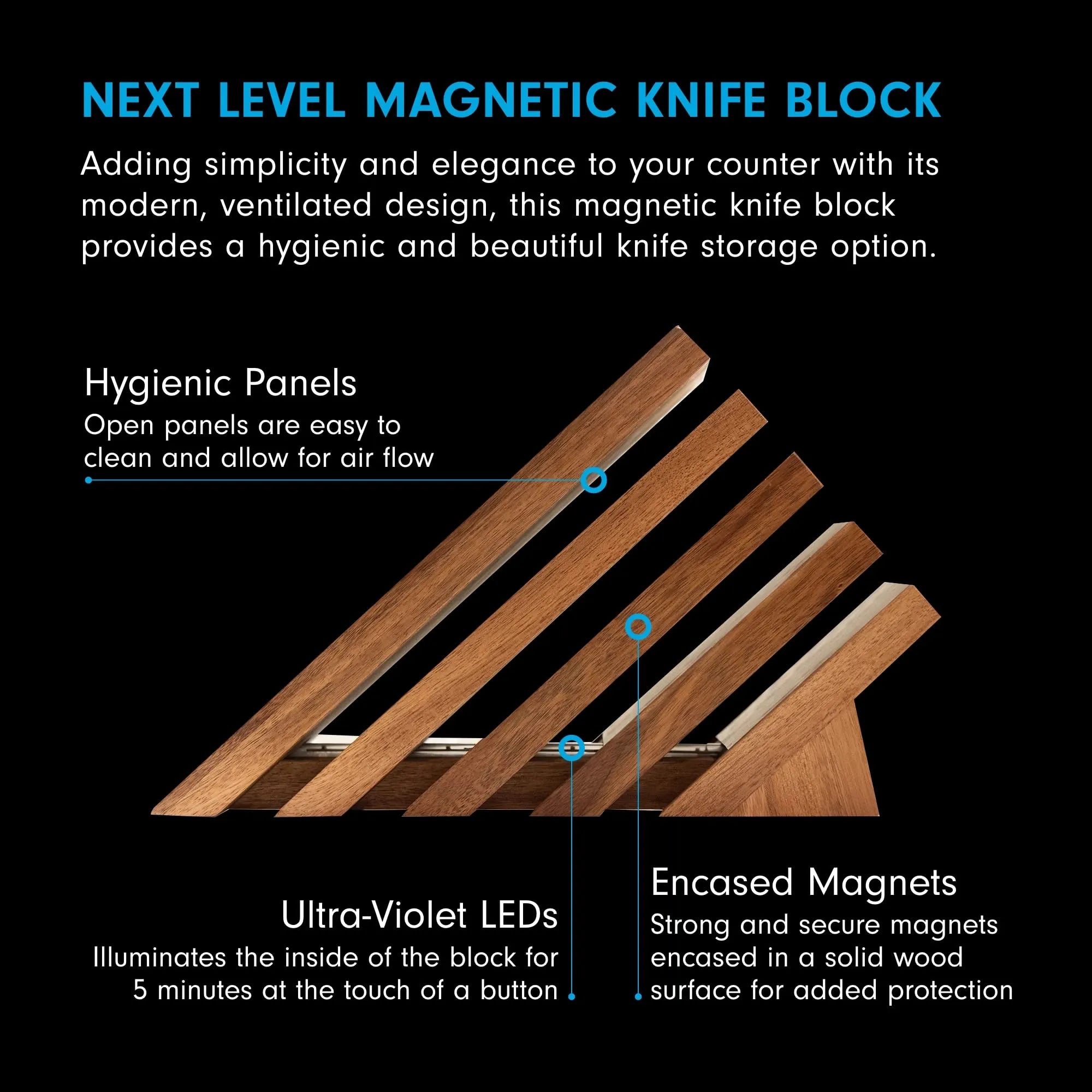 A magnetic knife block made of wood slats, shown on a black background with marketing text highlighting features such as hygienic panels, ultra-Violet LEDs, and enclosed magnets.