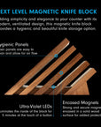 A magnetic knife block made of wood slats, shown on a black background with marketing text highlighting features such as hygienic panels, ultra-Violet LEDs, and enclosed magnets.
